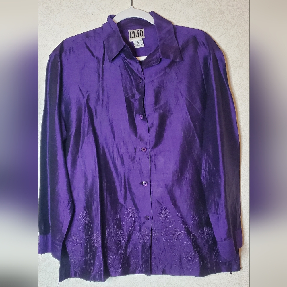 Vintage CLIO 100% Silk Embroidered Blouse Purple Size M Long Sleeve